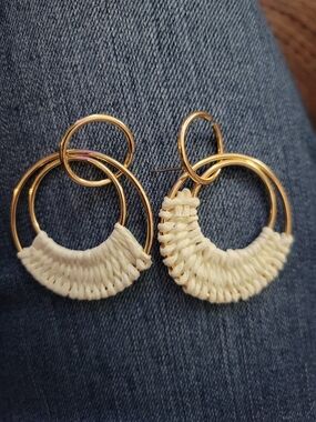 Boho Gold & Cream Rattan Hoop Earrings- NEW